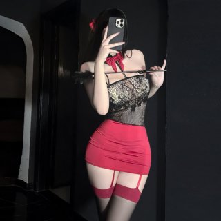 Woman in red skirt and black lace bodysuit holding a feathered wand, showcasing the chaomu sexy strapless bodysuit.