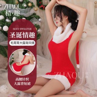 Sexy sweater with high neck design, backless christmas cosplay outfit for women, festive holiday-themed lingerie set.