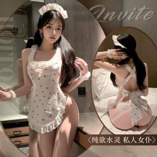 Woman wearing cherry lace maid costume with sexy backless apron, cheeky cut-outs, and sheer trim.