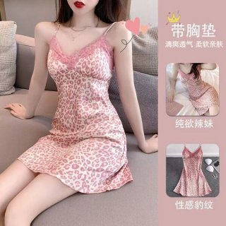 Woman wearing pink leopard print cherry romance lingerie set, a sexy thin sleepwear with satin cami pajamas for spring and fa...