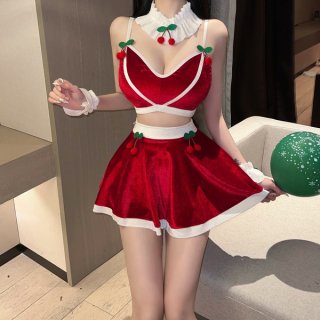 Sexy christmas-themed cherry-themed lingerie dress with suspenders, perfect for holiday costumes.