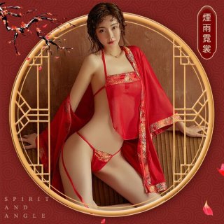 A woman poses elegantly in a red chinese-inspired transparent lace lingerie set, featuring intricate designs and flowing fabr...