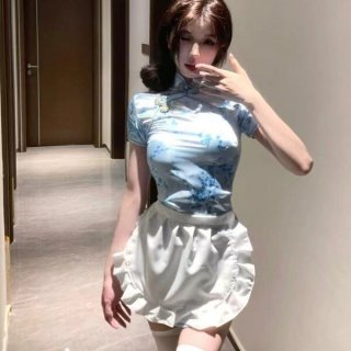 A woman models a chinese-style qipao lingerie set featuring a blue floral top with a white skirt, perfect for role play and i...