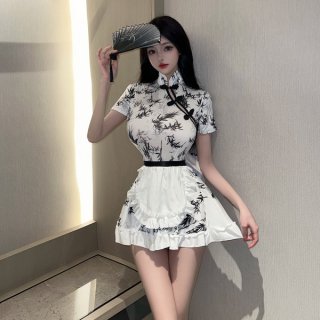 A stylish black and white dress featuring a qipao-inspired design, perfect for live streaming and photoshoots.