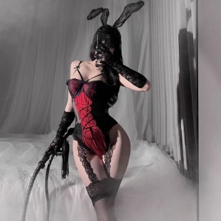Sexy red and black lace christmas bunny girl costume with sheer bodysuit, snap crotch, adjustable straps, bunny ears, gloves,...