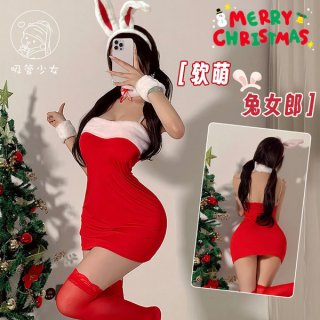 Sexy christmas outfit featuring a red bodycon mini dress, bunny ears, and festive accessories.