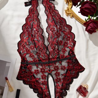 Deep v lace bodysuit with floral print, open-crotch backless design for women. elegant sexy lingerie in red and black.