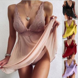 Woman modeling elegant lace sheer sleepwear set in blush, with inset images showing black, yellow, red, and lavender options ...