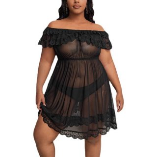 European-style lace sexy sleepwear set featuring an off-shoulder sheer nightgown with matching lace-trimmed lingerie, perfect...