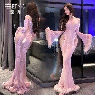 Feimu night banquet sheer mesh mermaid dress - seductive see-through lace fishnet gown with butt cutout
