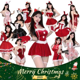 A collection of women wearing festive velvet lingerie sets, perfect for cozy winter holiday costumes and sexy christmas cospl...