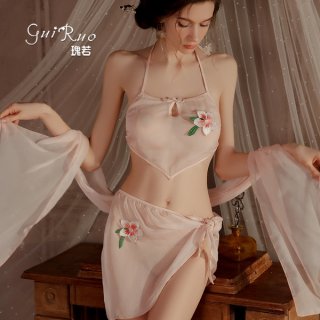 Glorious sensual summer lingerie set featuring sheer hanfu-inspired bodysuit, shorts, and shawl with floral embroidery.