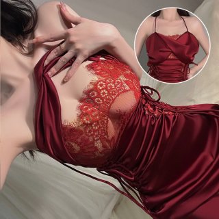 Glorious new year lace sheer tie-string babydoll nightgown set for women - seductive lingerie outfit featuring elegant red la...