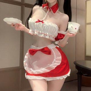 Sexy maid costume featuring a red and white outfit with a bow, perfect for festive occasions or themed events.