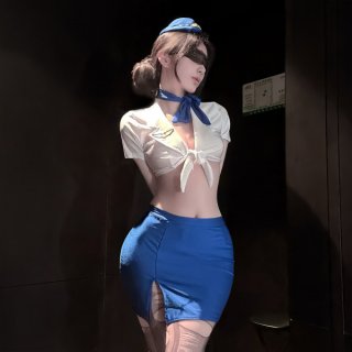 Sexy golden night air hostess lingerie set featuring a sheer mesh bodysuit, white tie-front top, and high-waisted blue skirt.