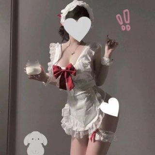Woman in white ruffled guan yun plus size lingerie set with red bow, holding milk glass. sexy jk uniform style sleepwear.