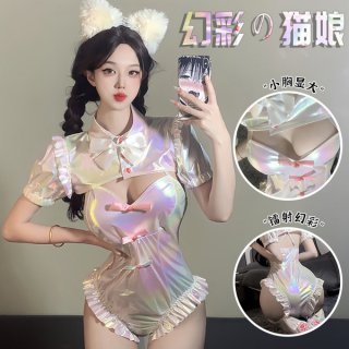 Iridescent holographic swimsuit with cat ears, backless design, playful and sexy style inspired by suger-chan.