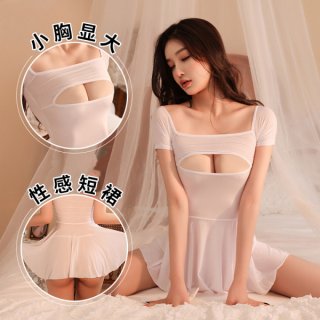 Woman modeling white ice silk transparent tight lingerie set with revealing chest cutout and sexy bodycon mini skirt.