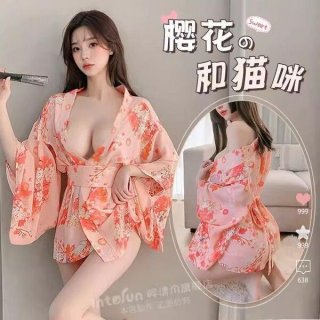 Japanese cherry blossom lace corset robe set - sexy sheer kimono-inspired lingerie ensemble featuring floral patterns and d...