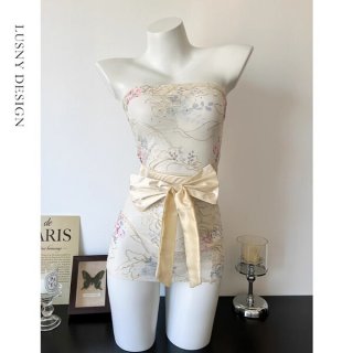 Japanese-inspired sexy lingerie set featuring kimono-style design with floral patterns, tied waist detail, and corset-like fi...