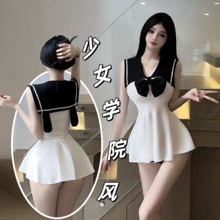 Cute sailor schoolgirl lingerie set featuring a white dress with black accents and bow, embodying a playful japanese-style jk...