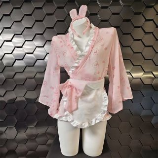 Japanese kawaii bunny kimono robe featuring sexy lace sleepwear with bow and floral print, perfect alluring lingerie set.