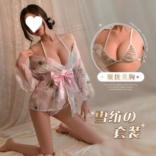 A woman poses wearing a delicate, floral-patterned japanese kimono-style lingerie set. the outfit features a sheer fabric wit...