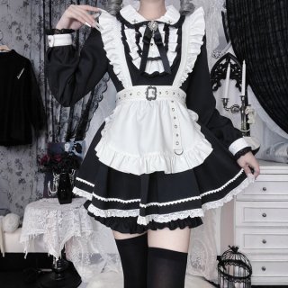 Japanese style lolita dress - sweet & edgy black white maid cosplay costume, aesthetic subculture outfit featuring ruffled co...