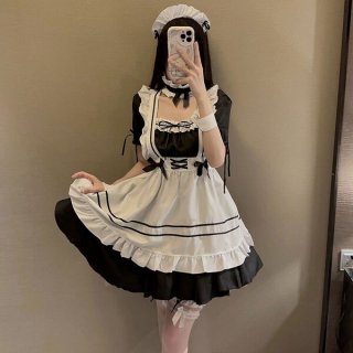 Japanese maid costume dress featuring a cute lolita style with ruffles and lace details, perfect for cosplay or daily wear.