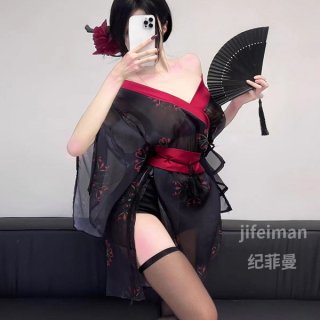 Jifiman sexy lingerie set - japanese-style black kimono sleepwear, no-remove pure-yu outfit with floral print