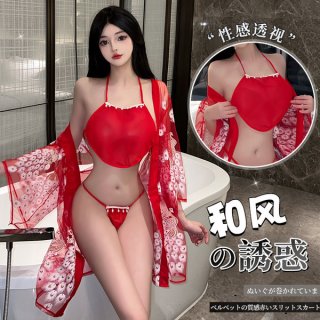 Sexy red sheer set with lace detailing, featuring a plunging top and matching bikini bottom, perfect for intimate moments.
