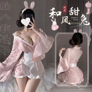 Kawaii bunny maid costume - japanese-inspired sleep robe with rabbit print & bow detail, cute & alluring lingerie set