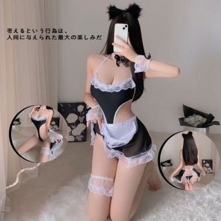 Sexy maid costume set featuring lace details, sheer mesh, and hollow design for womens cosplay outfits.