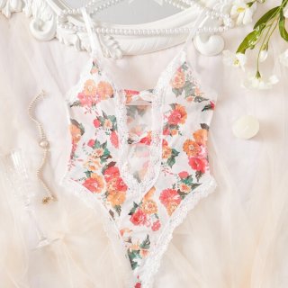 Floral lace sheer bodysuit for women, european-style erotic lingerie with delicate full-lace design and ultra-feminine transp...