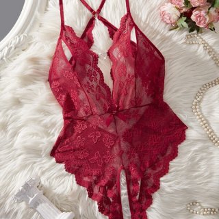 Lace sheer bodysuit for women featuring intricate floral patterns, elegant design, and delicate lace details, perfect for int...