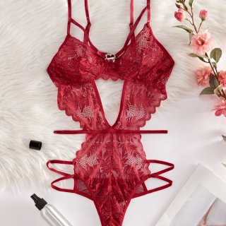 Red lace sheer bodysuit for women, european style erotic lingerie with intricate floral patterns and delicate straps.