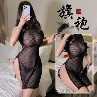 Linglinting sexy qipao lingerie set - high-slit mesh sheer sleepwear for women, featuring a daring design with intricate lace...