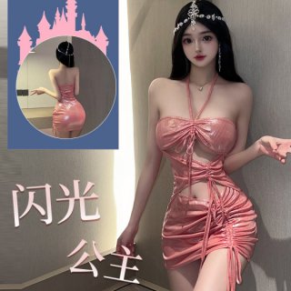 Woman modeling shiny pink liruru pvc lace halter bodycon mini dress with cut-out details and sheer fabric.