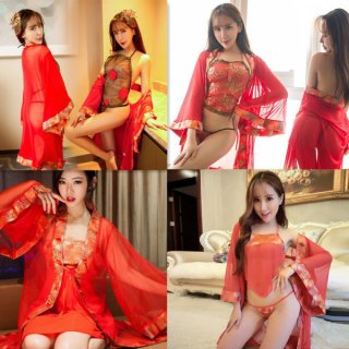 Woman modeling red lace sheer bridal lingerie set with satin goddess robe and long sleeve costume for romantic nights.