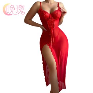 Sexy red lace sheer mesh long nightgown with slit and adjustable straps, perfect for womens sleepwear.