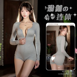 Woman modeling gray mannyqing yoga bodysuit with deep v-neck, long sleeves, and open-crotch design for sensual fitness wear.