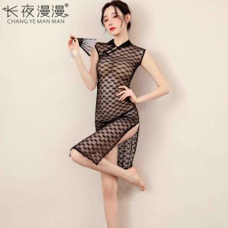 Sexy transparent lace cheongsam dress - elegant long night seductive chinese-inspired evening gown for women