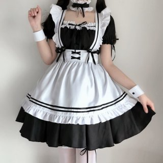 A maid costume cosplay dress featuring a black and white design with ruffles, bows, and a corset-style waistband, perfect for...