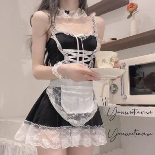 Sexy maid costume for women featuring lace details, ruffled hem, and sheer elements, perfect for role play outfits.