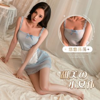 A woman wearing a light blue lace-trimmed maid costume sits on a bed, featuring a delicate design with a bow detail. the outf...