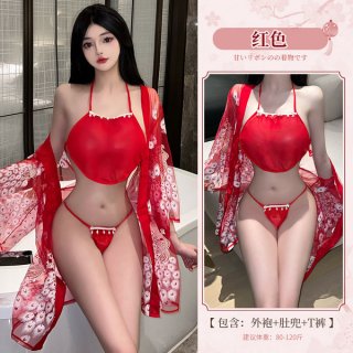 Red color mannyqing japanese kimono lingerie set featuring sheer mesh yukata sleepwear with vintage-inspired design, perfect ...