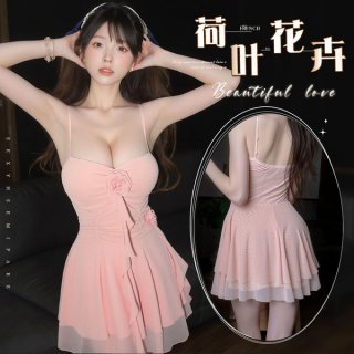 Woman wearing pink mannyqing lingerie dress - pure temptation halter neck mesh slip dress, sexy low-cut sleepwear with floral...