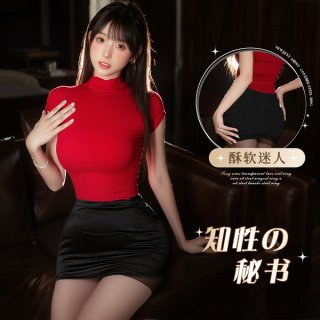 Woman wearing red top and black skirt in mannyqing secretarial lingerie set, playful two-way pure & sexy uniform outfit for w...