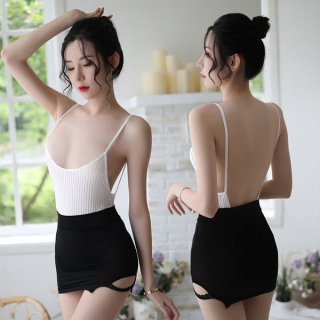 Woman modeling white striped bodysuit with black sheer skirt, back view shows tight-fit lingerie set design.