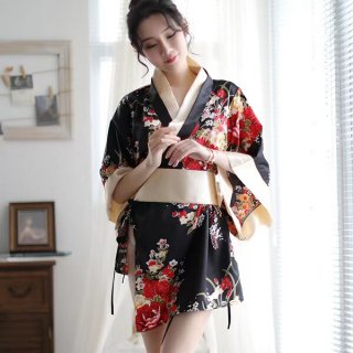 A woman models a moxin japanese-style kimono-themed lingerie set, featuring floral patterns and elegant design, perfect for p...